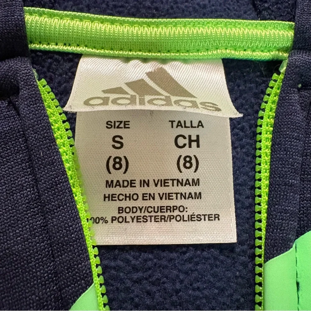 Boys Blue Green Adidas Hooded Hoodie Zip Up Sweatshirt Size Small 8 - Picture 2 of 4